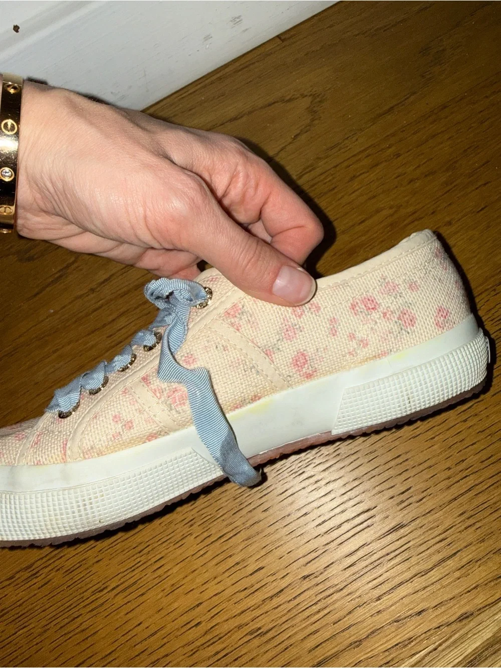 LoveShackFancy Cream and Pink Floral Low-Top Sneakers with Light Blue Laces